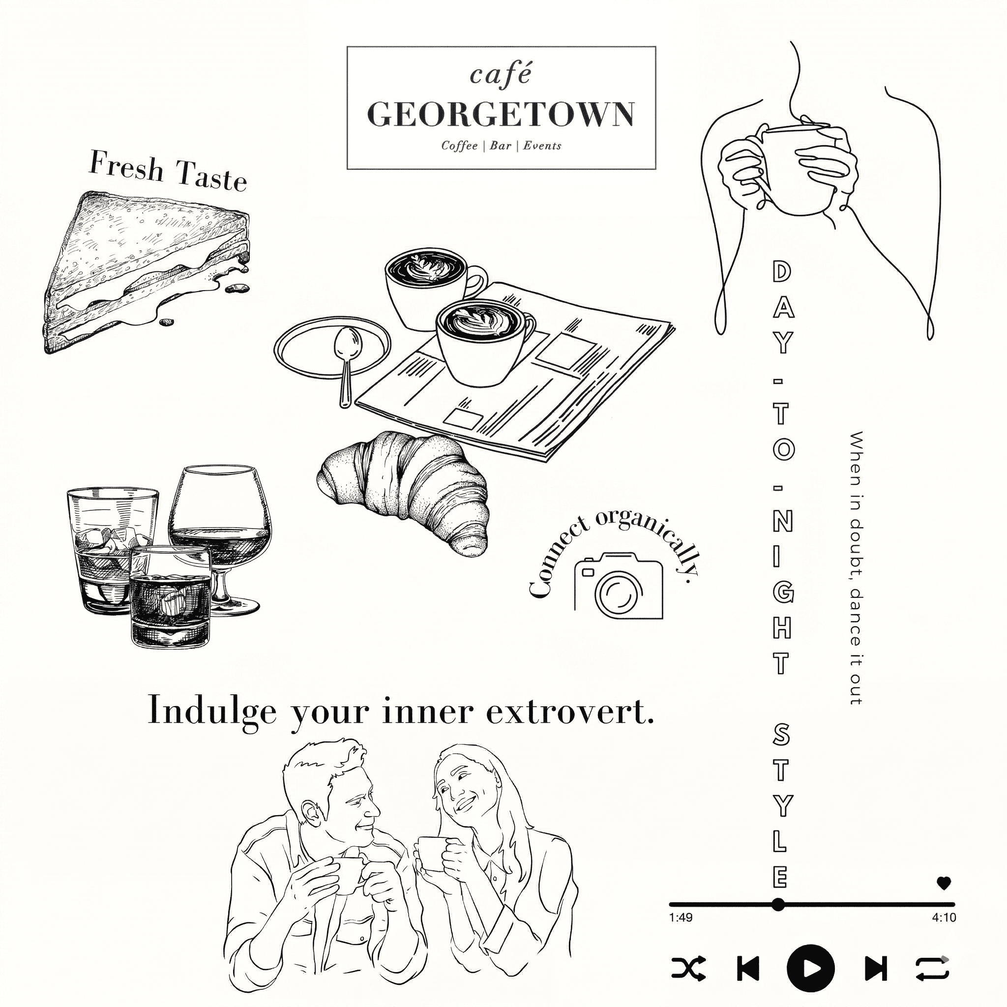 Café Georgetown brand illustration — Coffee, Bar, Events: Day to Night Style